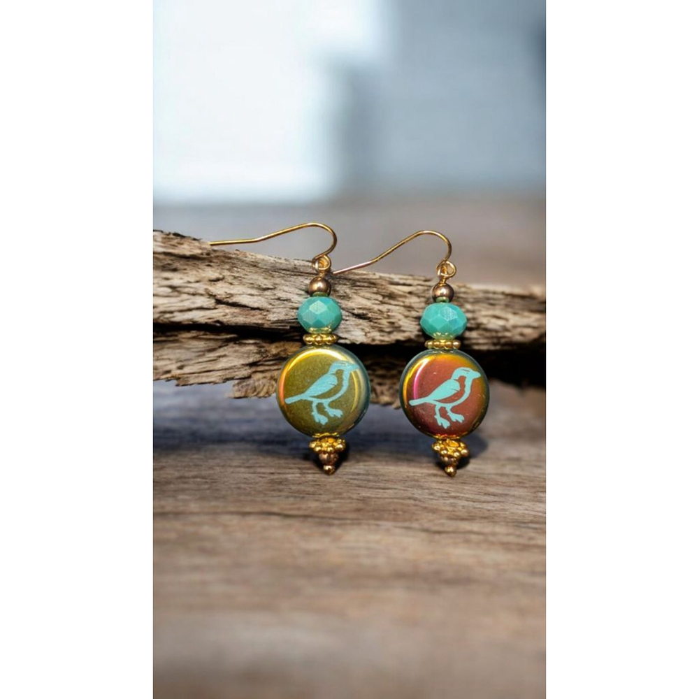 Czech Glass Bird Earrings: Blue and Multicolored Boho Dangle Jewelry